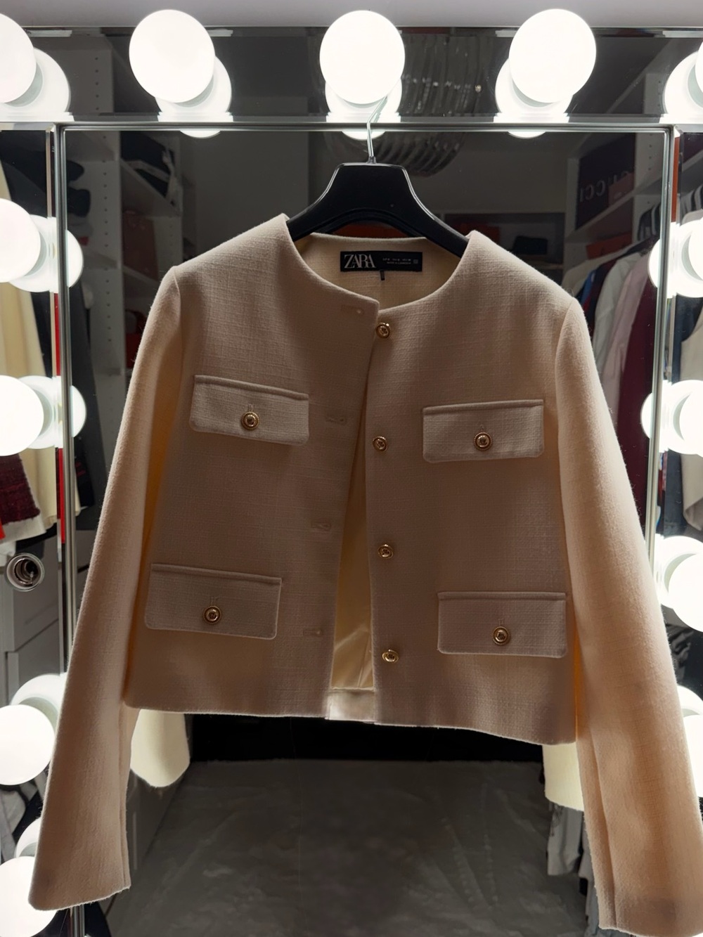 Zara Cream Pocketed Cropped Blazer with Gold Buttons